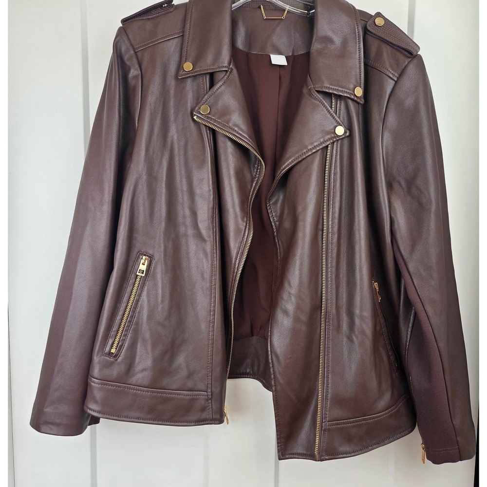 Chicos Brown Faux Leather Moto Jacket Size 3 US 16/18 Gold Hardware Asymmetrical - Picture 8 of 16